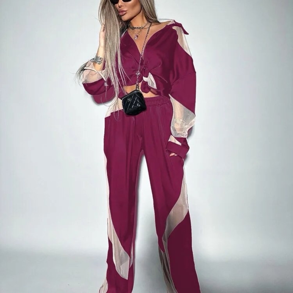 Rasberry & Nude Spliced High Waist Two Piece Pant Set With Long Sleeve Top